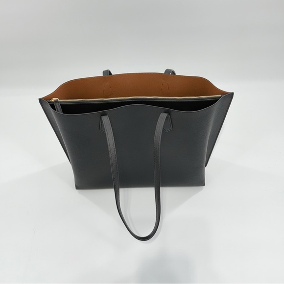 Quince Italian Leather Triple Compartment Shopper Tote Bag Black Work Laptop - Picture 7 of 14